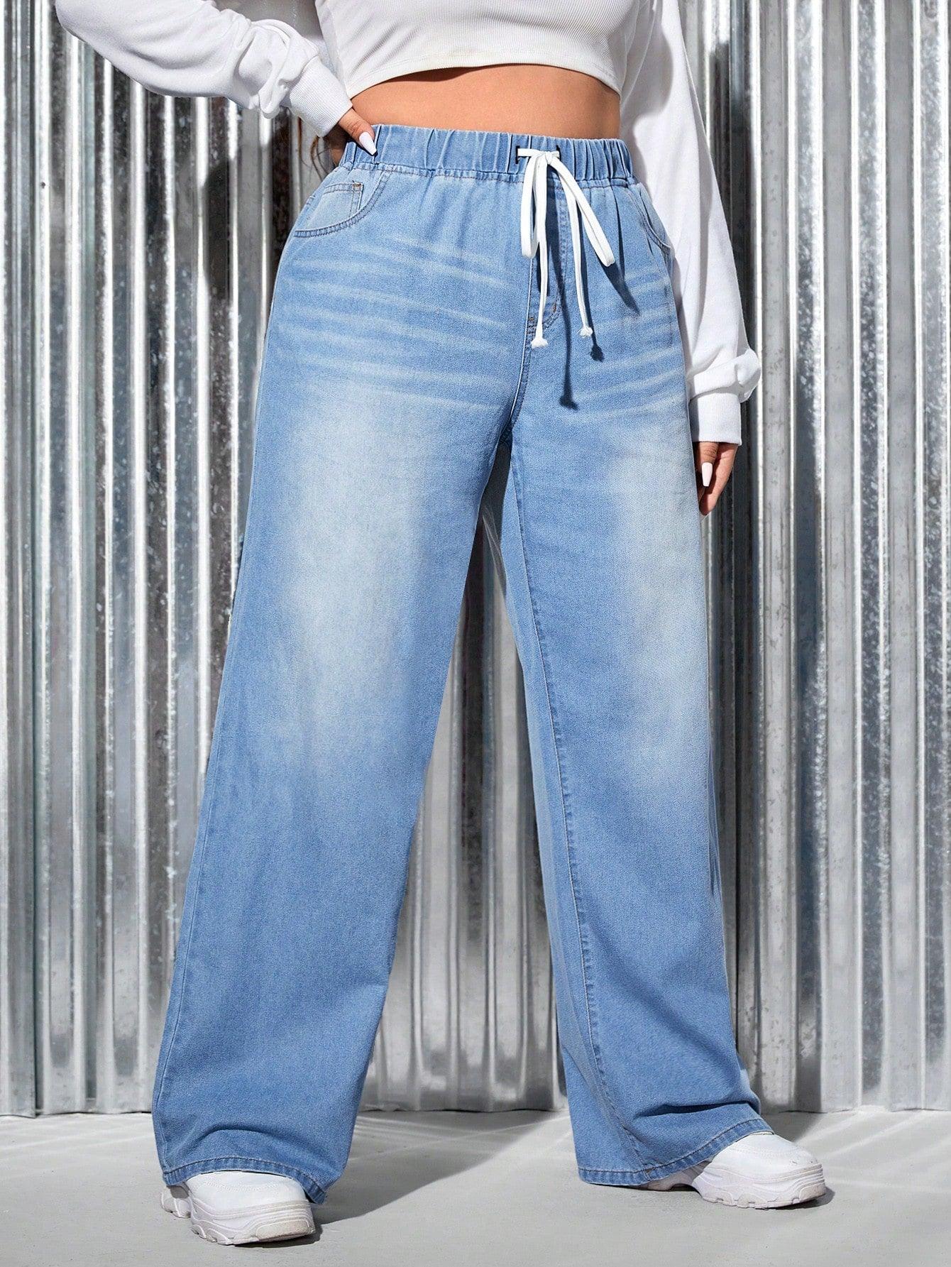 SHEIN EZwear Plus Drawstring Waist Wide Leg Jeans