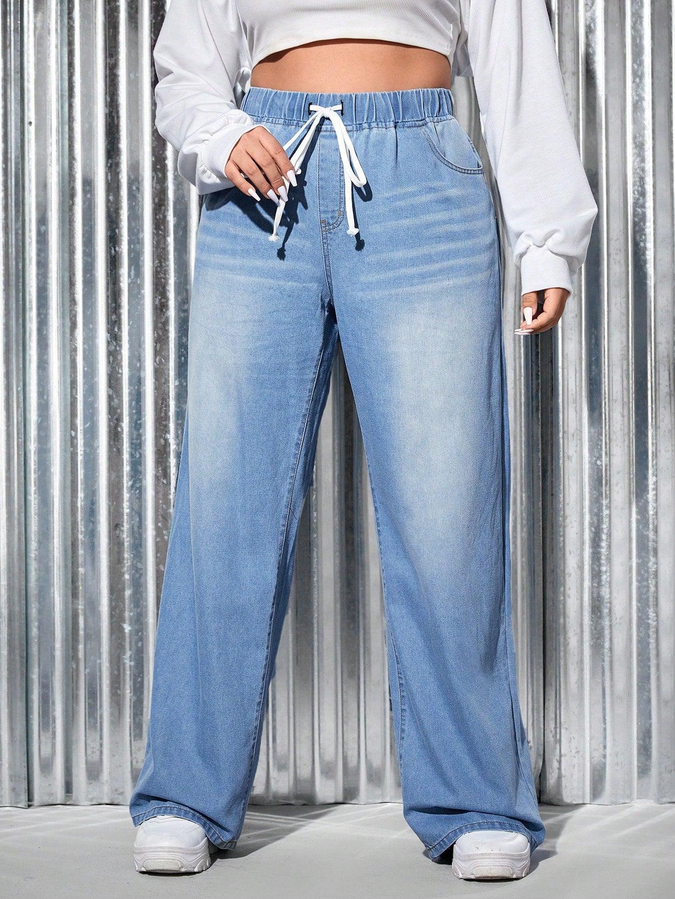 SHEIN EZwear Plus Drawstring Waist Wide Leg Jeans