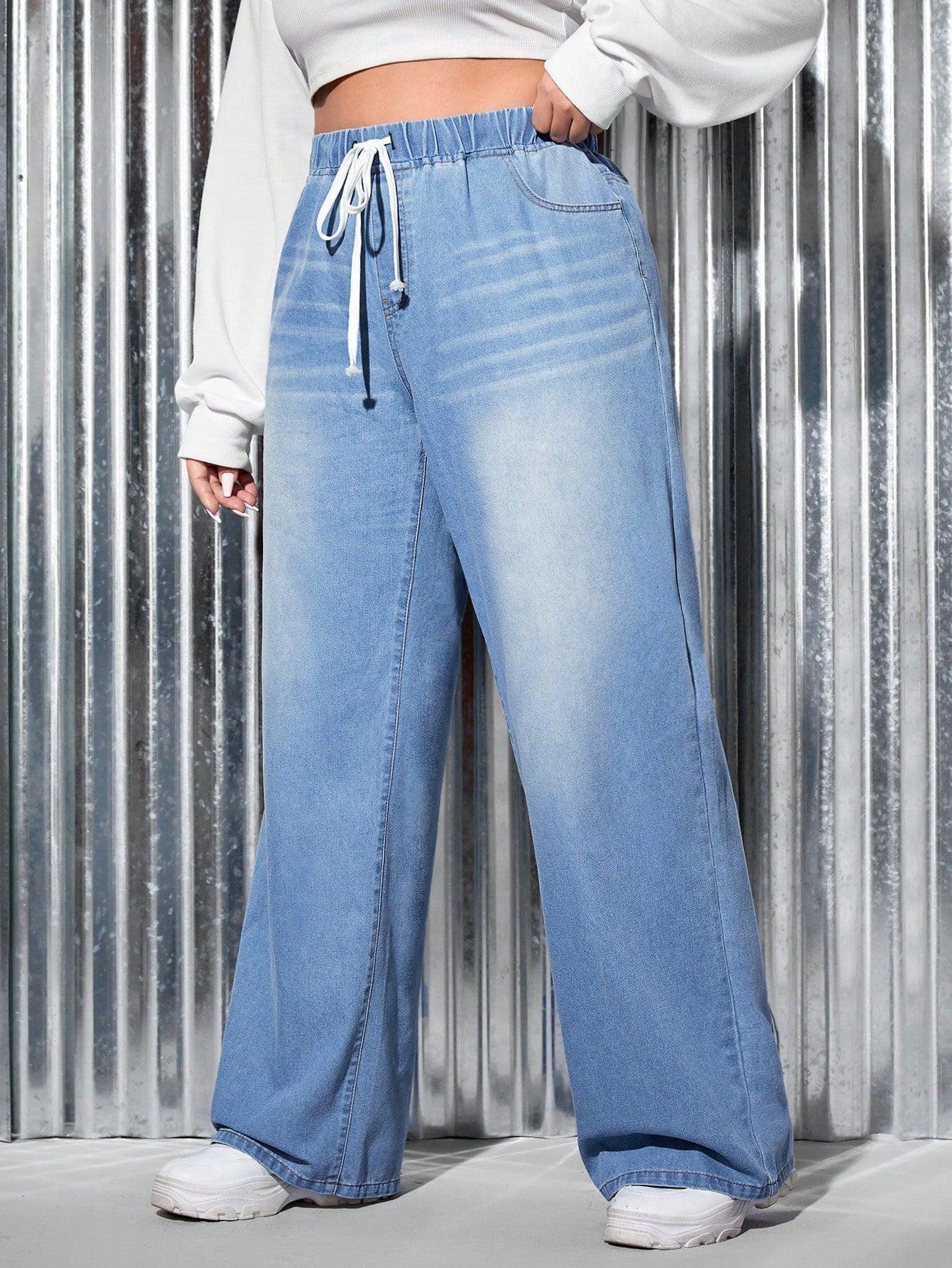 SHEIN EZwear Plus Drawstring Waist Wide Leg Jeans