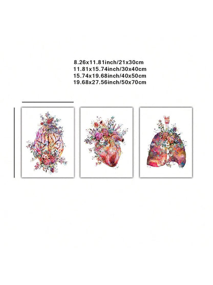 Set Of 3 Anatomy Art Medical Flower Organ Brain Heart Lung Poster Print, Canvas Art, Modern Wall Decoration For Student Education And Hospital Without Frame