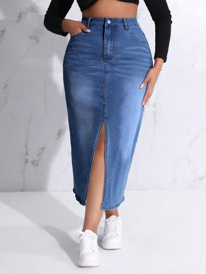 SHEIN SXY Plus Size Slit Denim Skirt