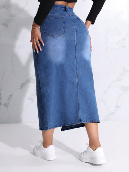 SHEIN SXY Plus Size Slit Denim Skirt