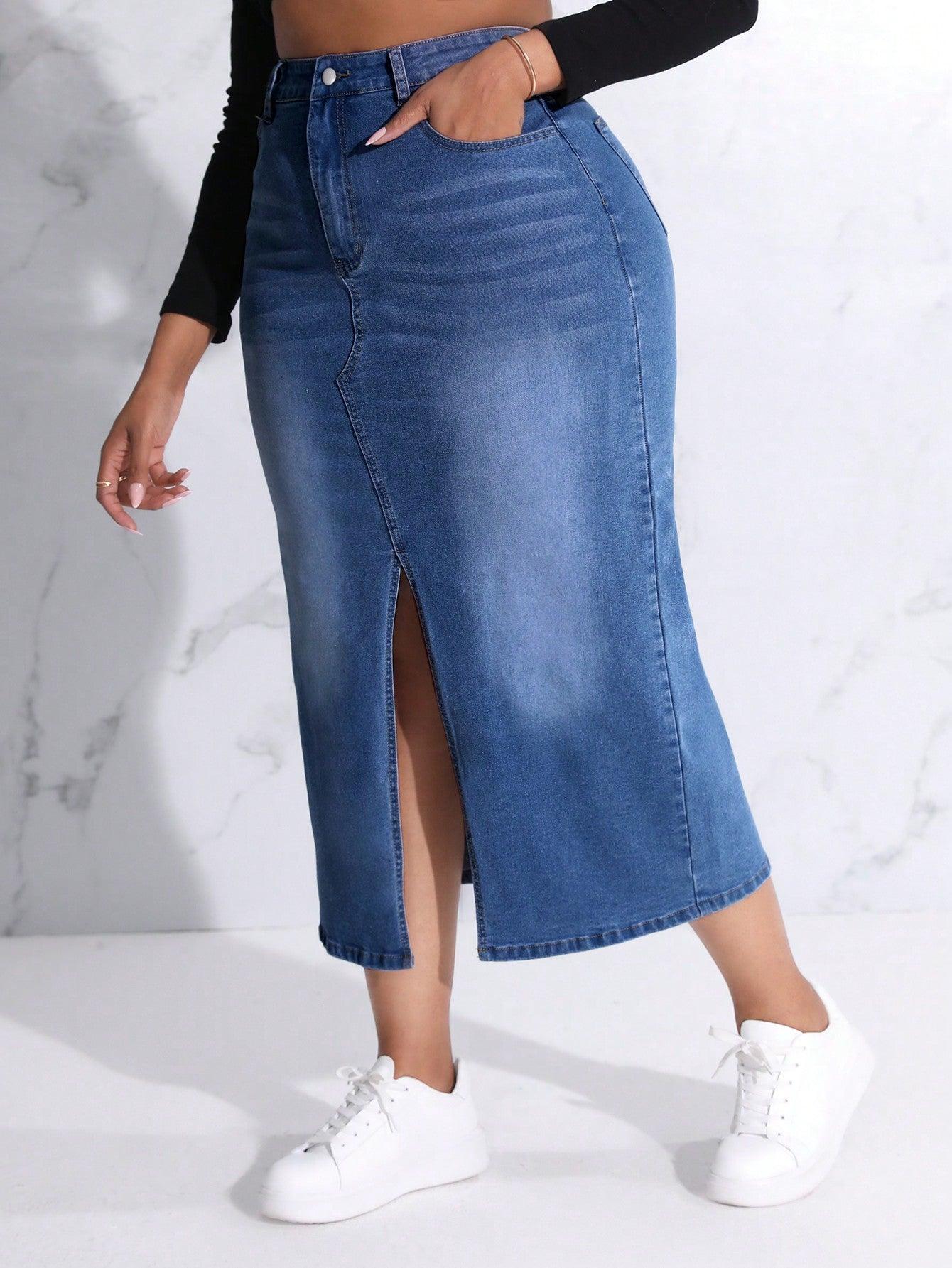 SHEIN SXY Plus Size Slit Denim Skirt