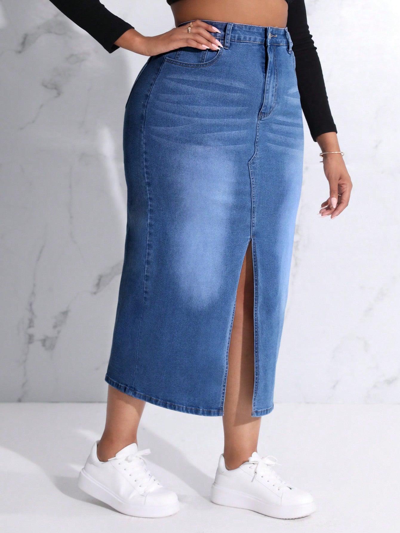 SHEIN SXY Plus Size Slit Denim Skirt