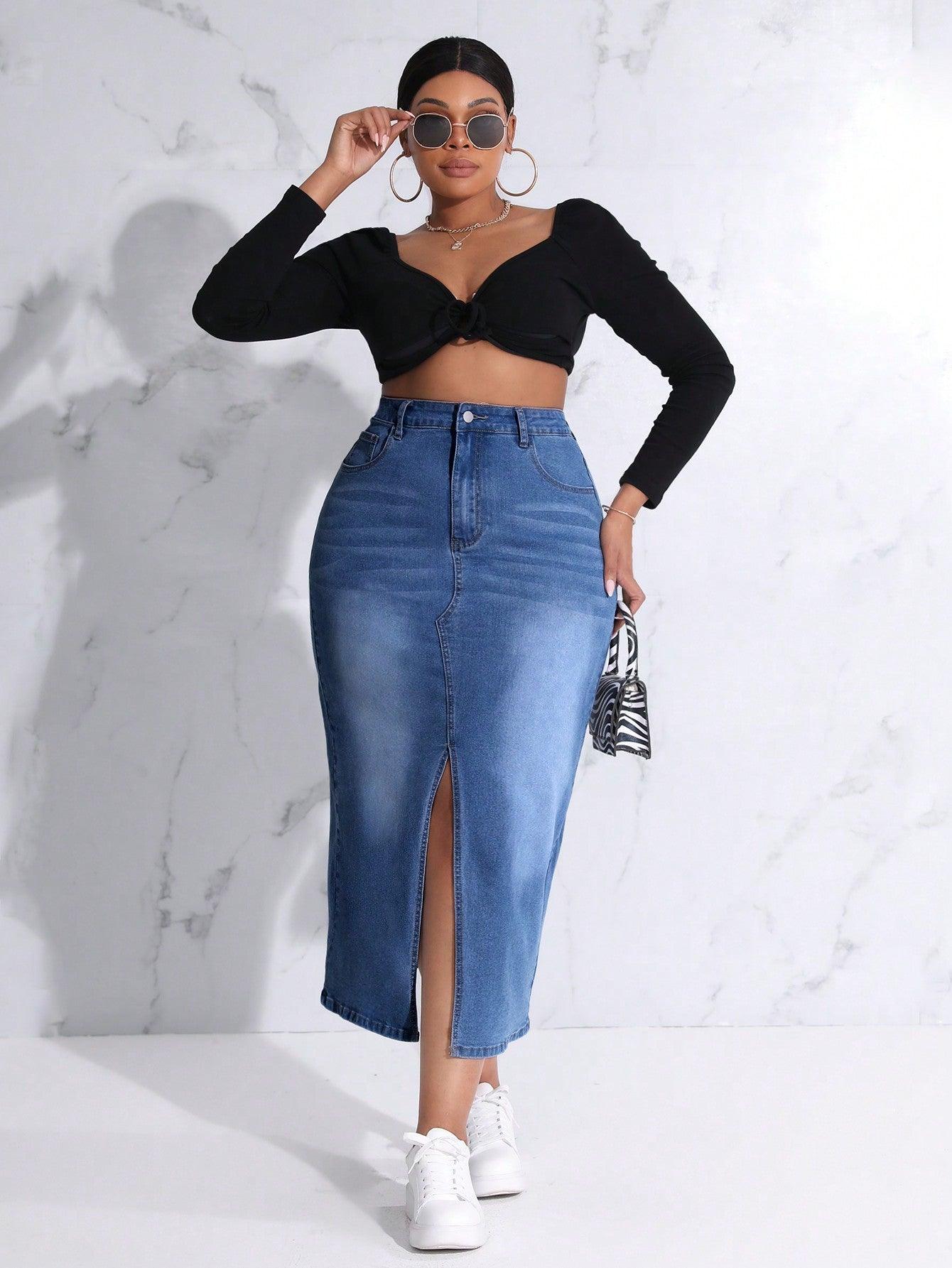 SHEIN SXY Plus Size Slit Denim Skirt