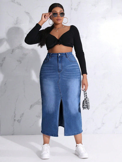 SHEIN SXY Plus Size Slit Denim Skirt