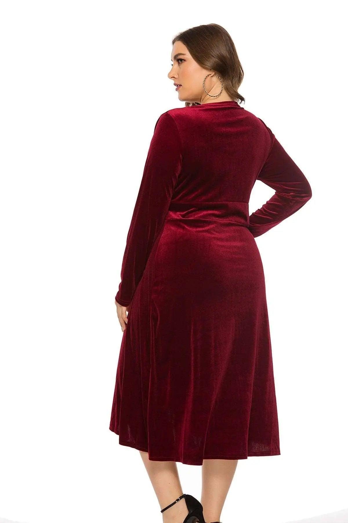 Women's Velvet Midi Dress Mid-Calf V-Neck - HEPSIBAH SHOP