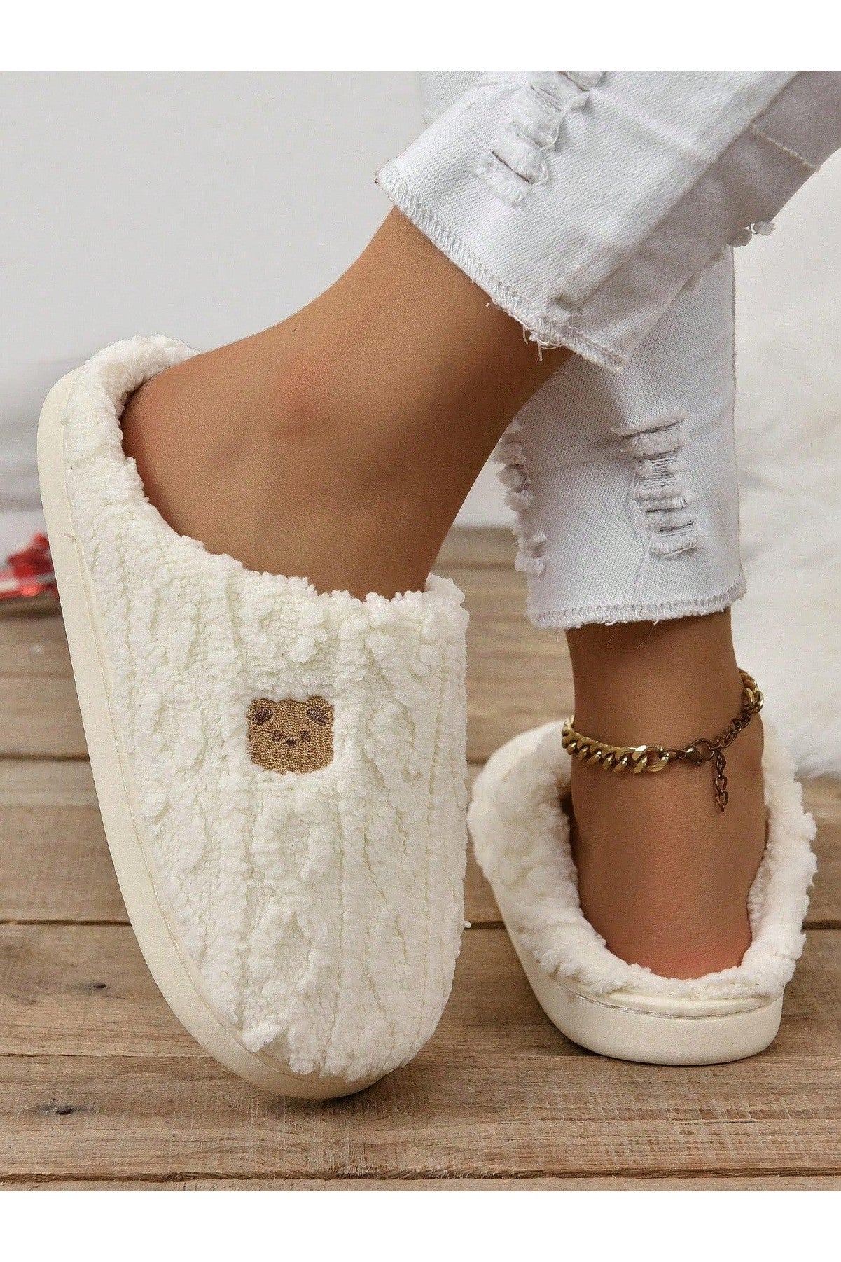Women's Warm Indoor Slippers, Thick Sole Non-Slip Gray Fluffy Winter House Slippers