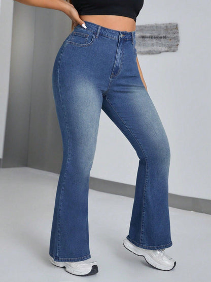 SHEIN ICON Plus Size Flared Jeans With Distressed Detailing