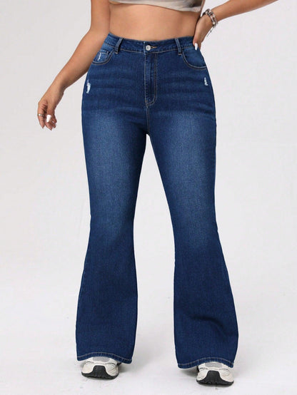 SHEIN ICON Plus Size Women's Flared Jeans With Distressed Holes, For Thanksgiving