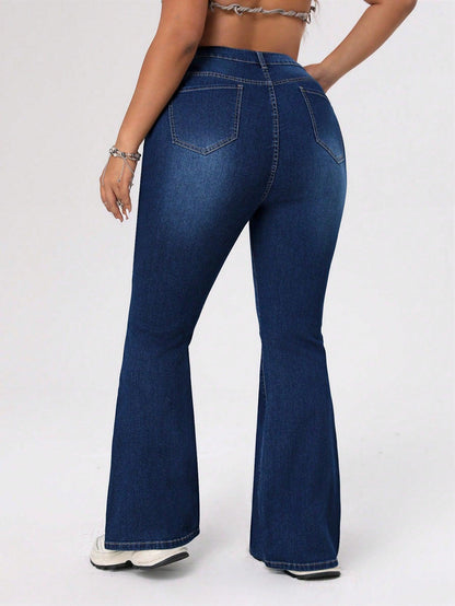 SHEIN ICON Plus Size Women's Flared Jeans With Distressed Holes, For Thanksgiving