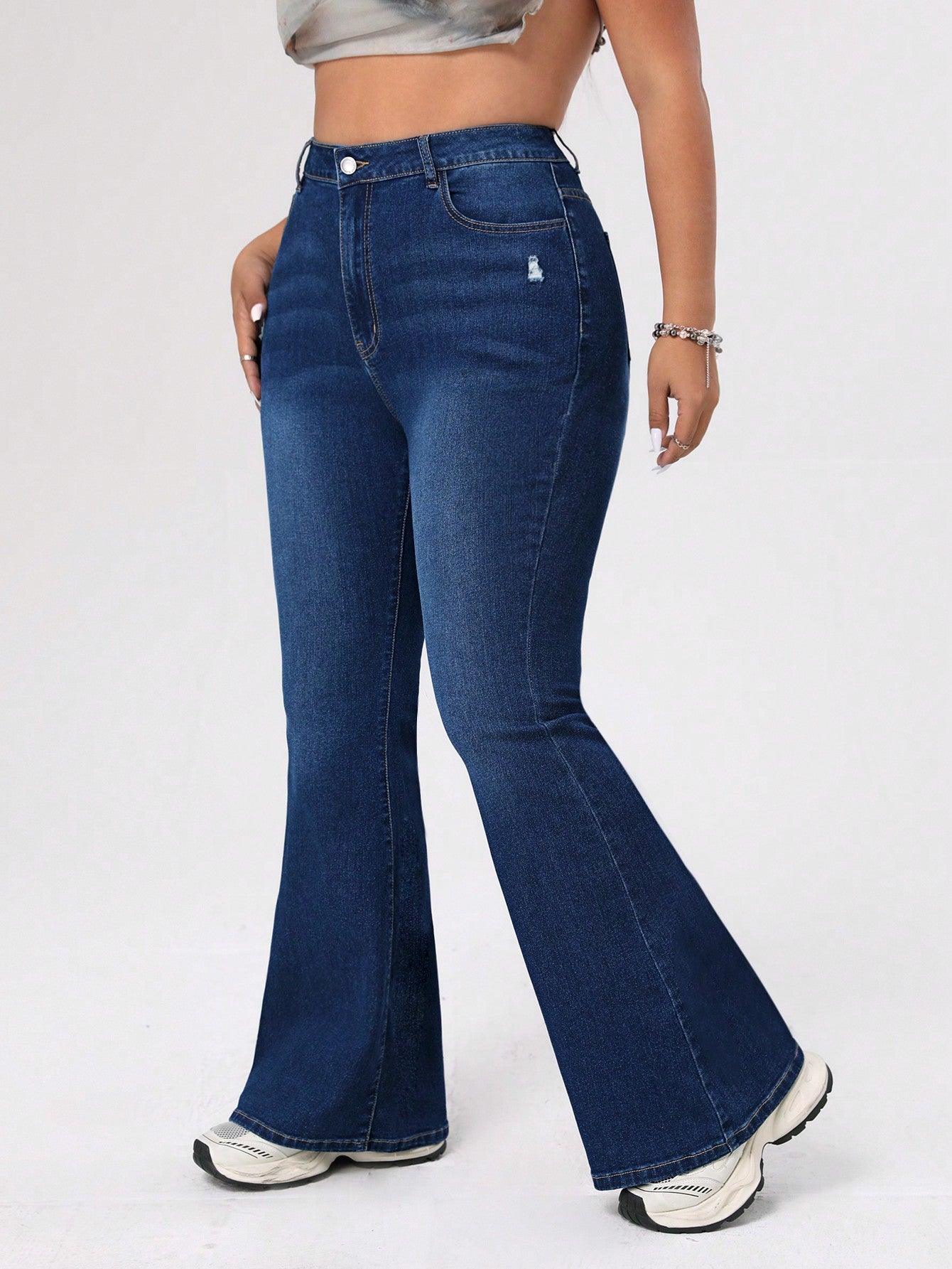 SHEIN ICON Plus Size Women's Flared Jeans With Distressed Holes, For Thanksgiving