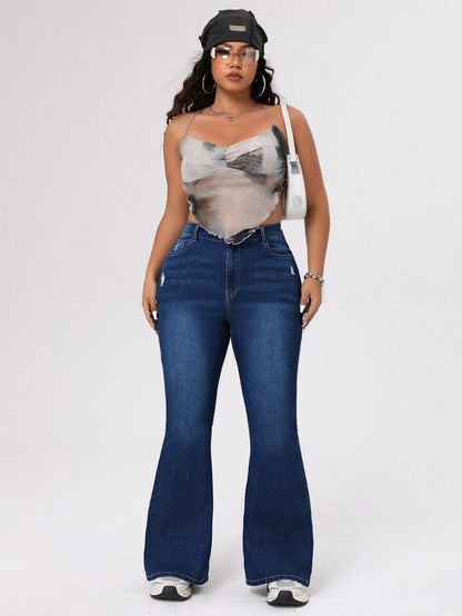 SHEIN ICON Plus Size Women's Flared Jeans With Distressed Holes, For Thanksgiving