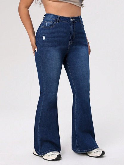 SHEIN ICON Plus Size Women's Flared Jeans With Distressed Holes, For Thanksgiving