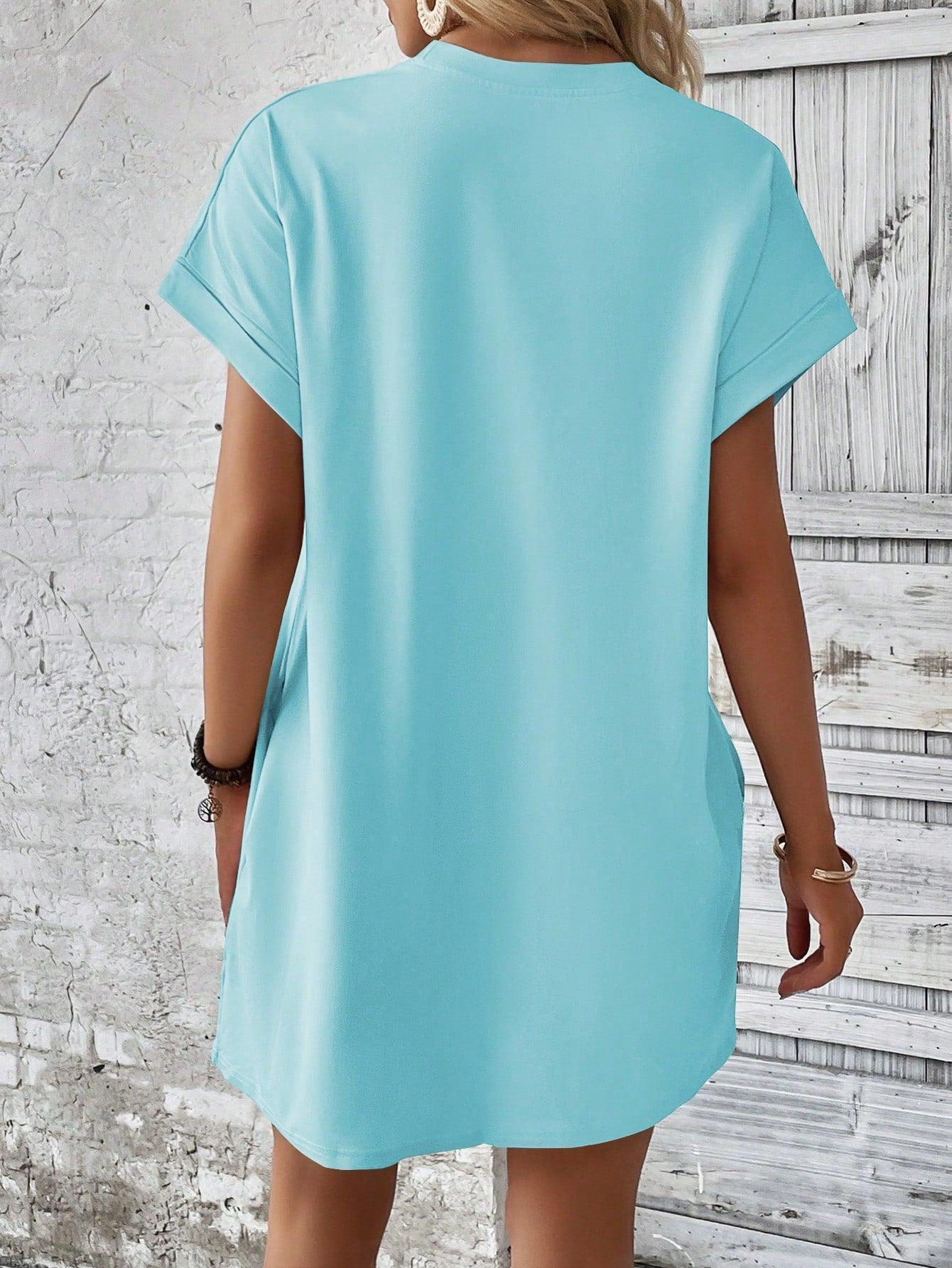 Round Neck Batwing Sleeve Solid Color Dress