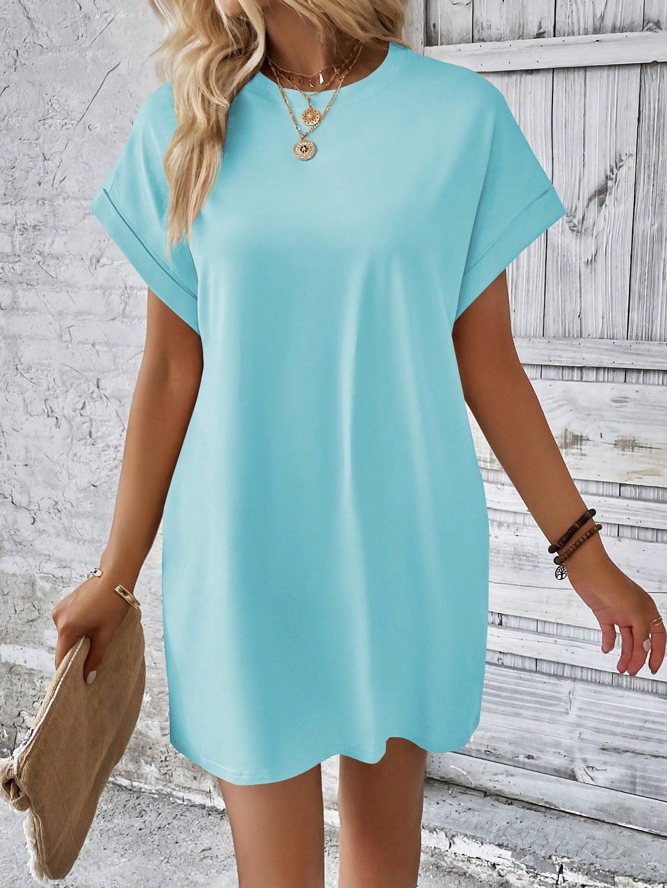 Round Neck Batwing Sleeve Solid Color Dress