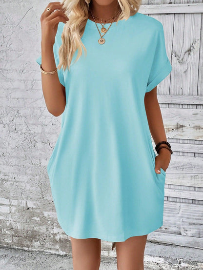 Round Neck Batwing Sleeve Solid Color Dress