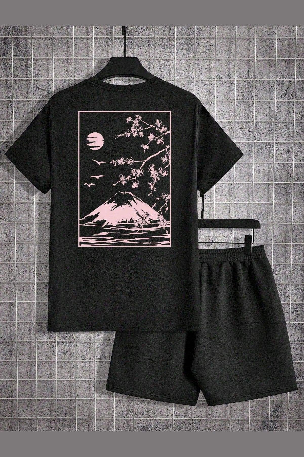 Manfinity EMRG Men's Black Knit Mountain Print Graphic Casual Short Sleeve T-Shirt And Shorts Set, Going Out, Designer, Friends