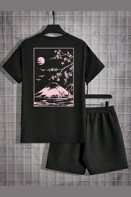 Manfinity EMRG Men's Black Knit Mountain Print Graphic Casual Short Sleeve T-Shirt And Shorts Set, Going Out, Designer, Friends