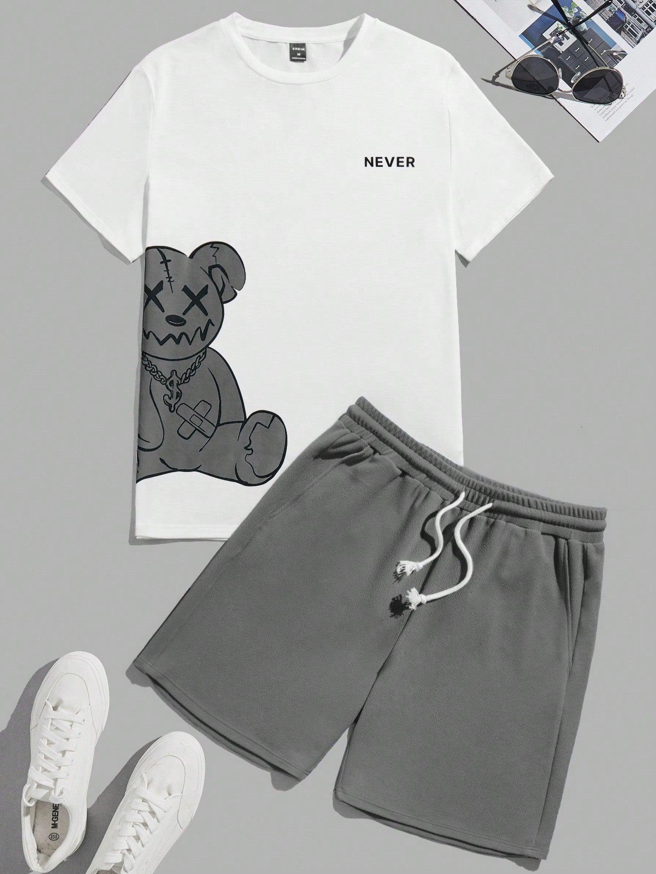 Manfinity Hypemode Bear Print T-Shirt And Shorts Knitting Casual Two-Piece Set