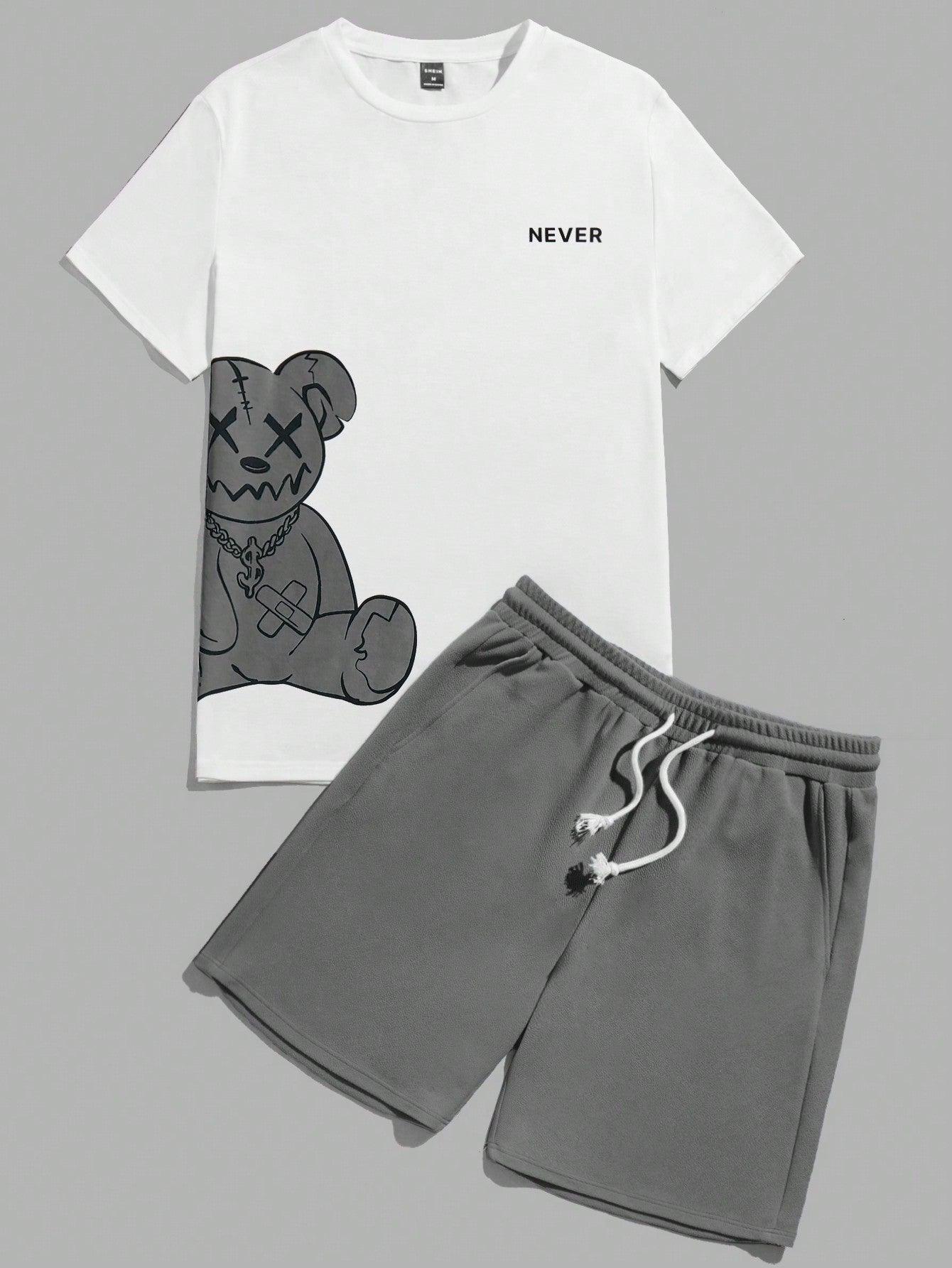 Manfinity Hypemode Bear Print T-Shirt And Shorts Knitting Casual Two-Piece Set