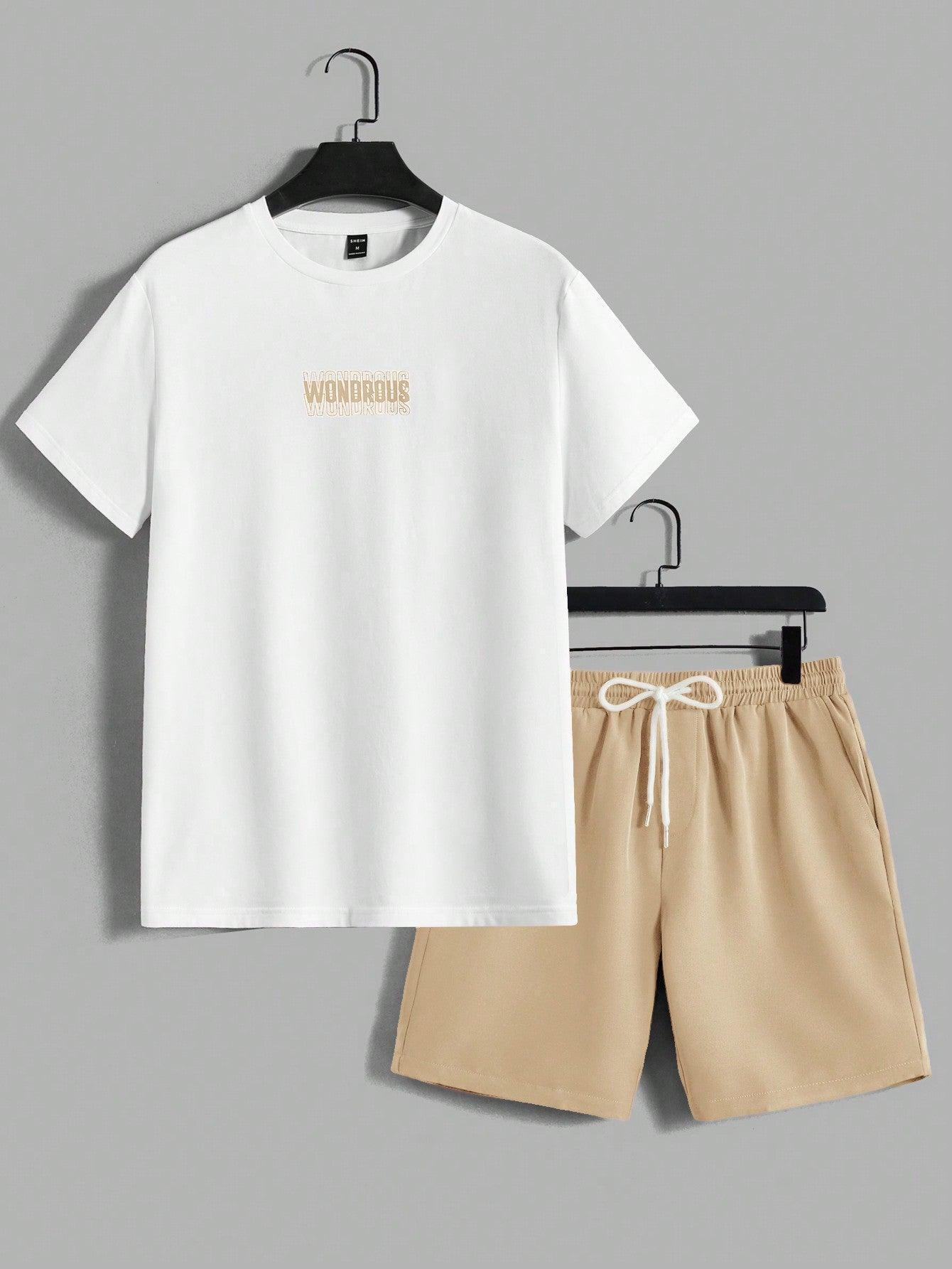 Manfinity EMRG Men's Letter Printed Knitted Short Sleeve T-Shirt And Shorts Set