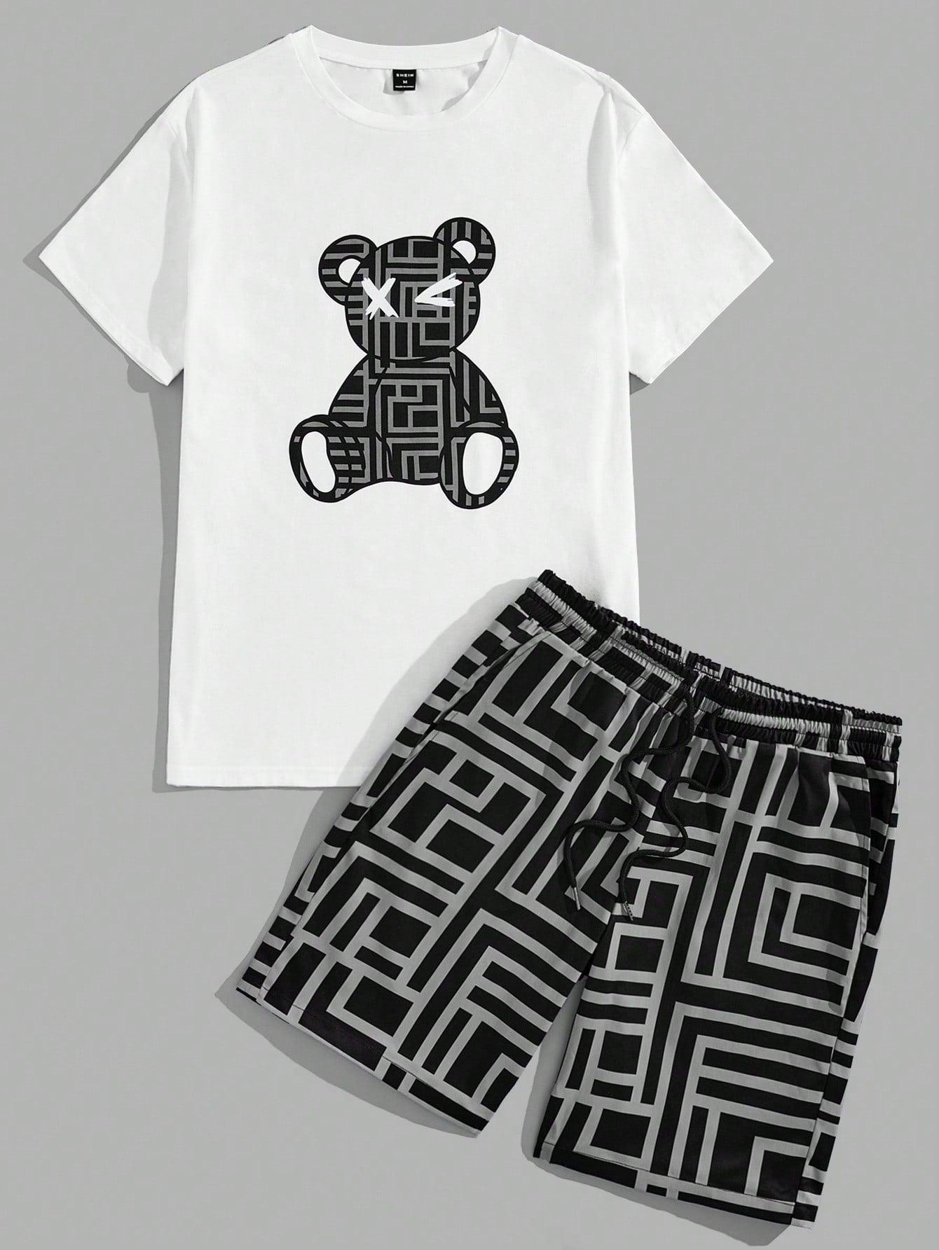 Manfinity Homme Men's Bear Printed Short Sleeve T-Shirt And Shorts Set For Summer