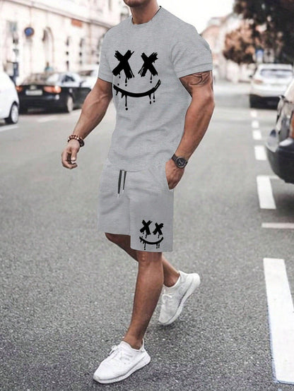 Manfinity Dauomo Men Fashion Casual Loose Fit Printed Round Neck Short Sleeve T-Shirt And Shorts Set