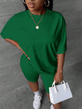 Women Solid Color Drop Shoulder Short Sleeve Shorts Set For Summer