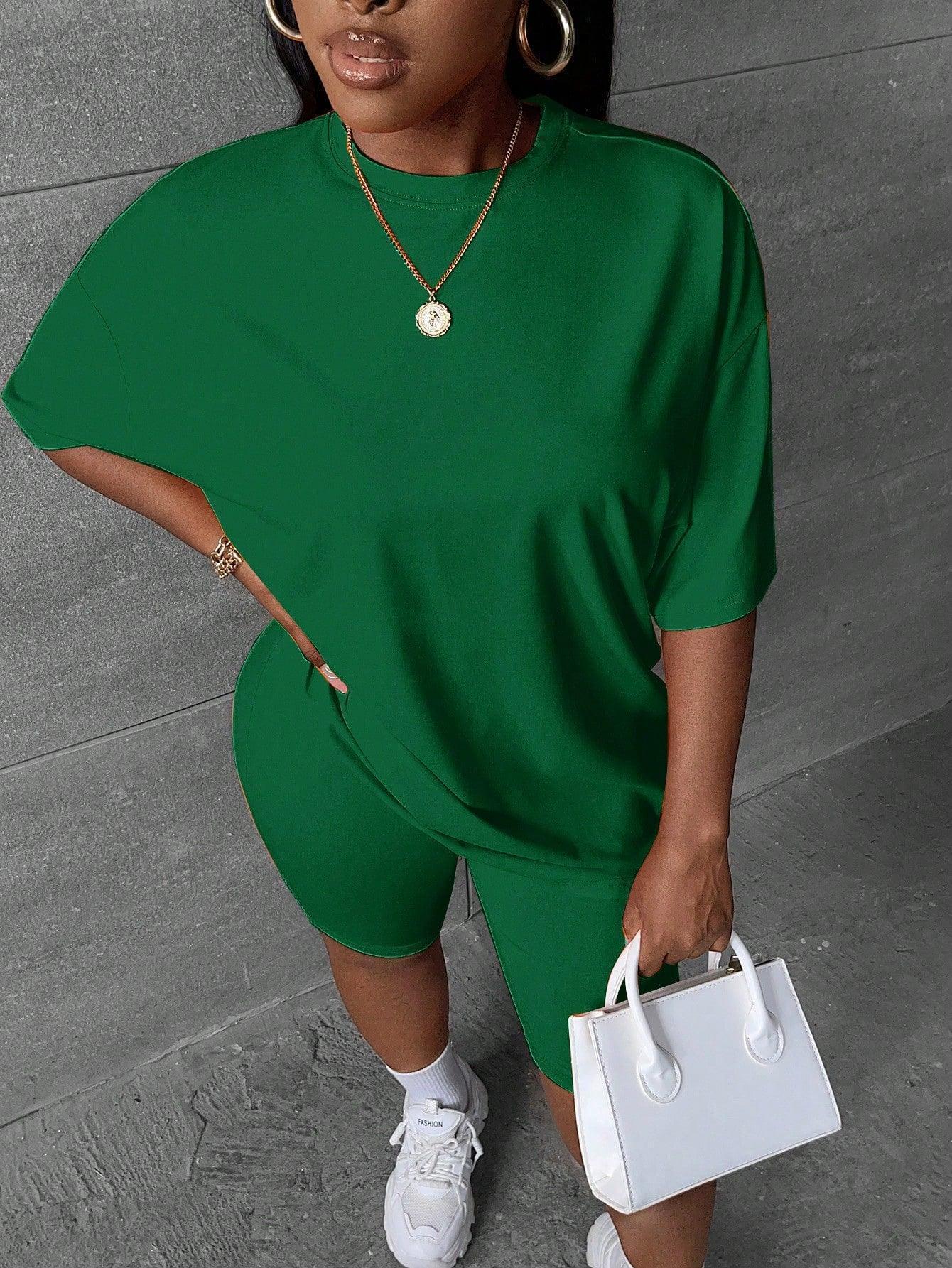 Women Solid Color Drop Shoulder Short Sleeve Shorts Set For Summer