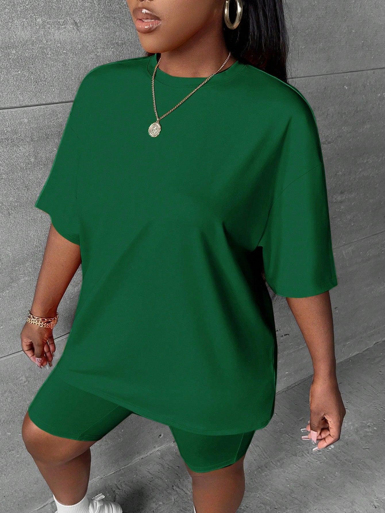 Women Solid Color Drop Shoulder Short Sleeve Shorts Set For Summer