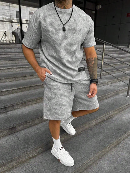 Manfinity Homme Men Summer Leisure Solid Texture Short Sleeve T-Shirt And Shorts Set