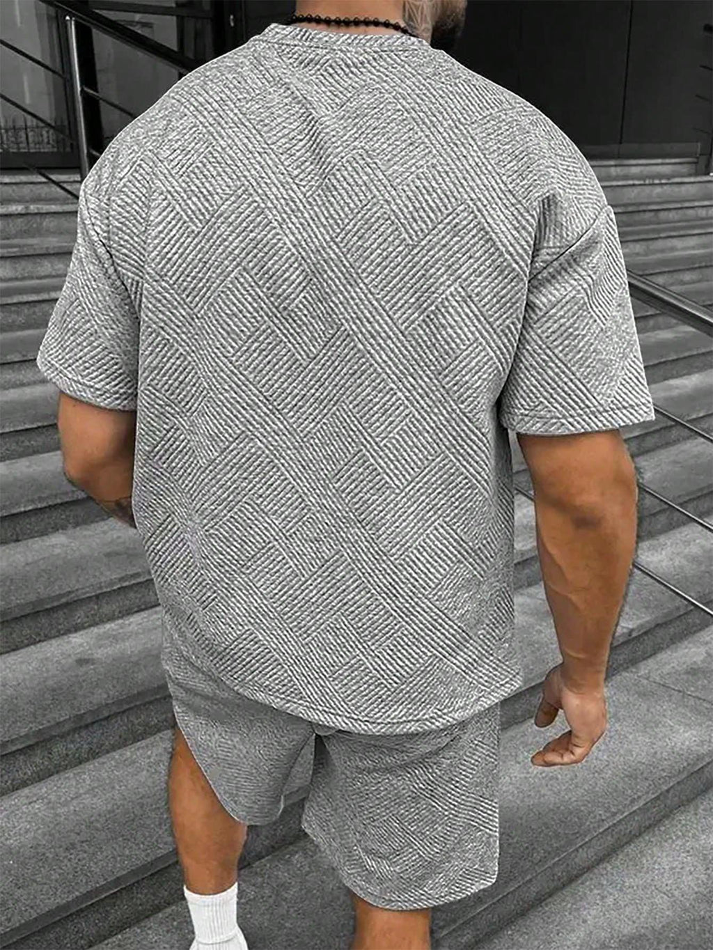 Manfinity Homme Men Summer Leisure Solid Texture Short Sleeve T-Shirt And Shorts Set