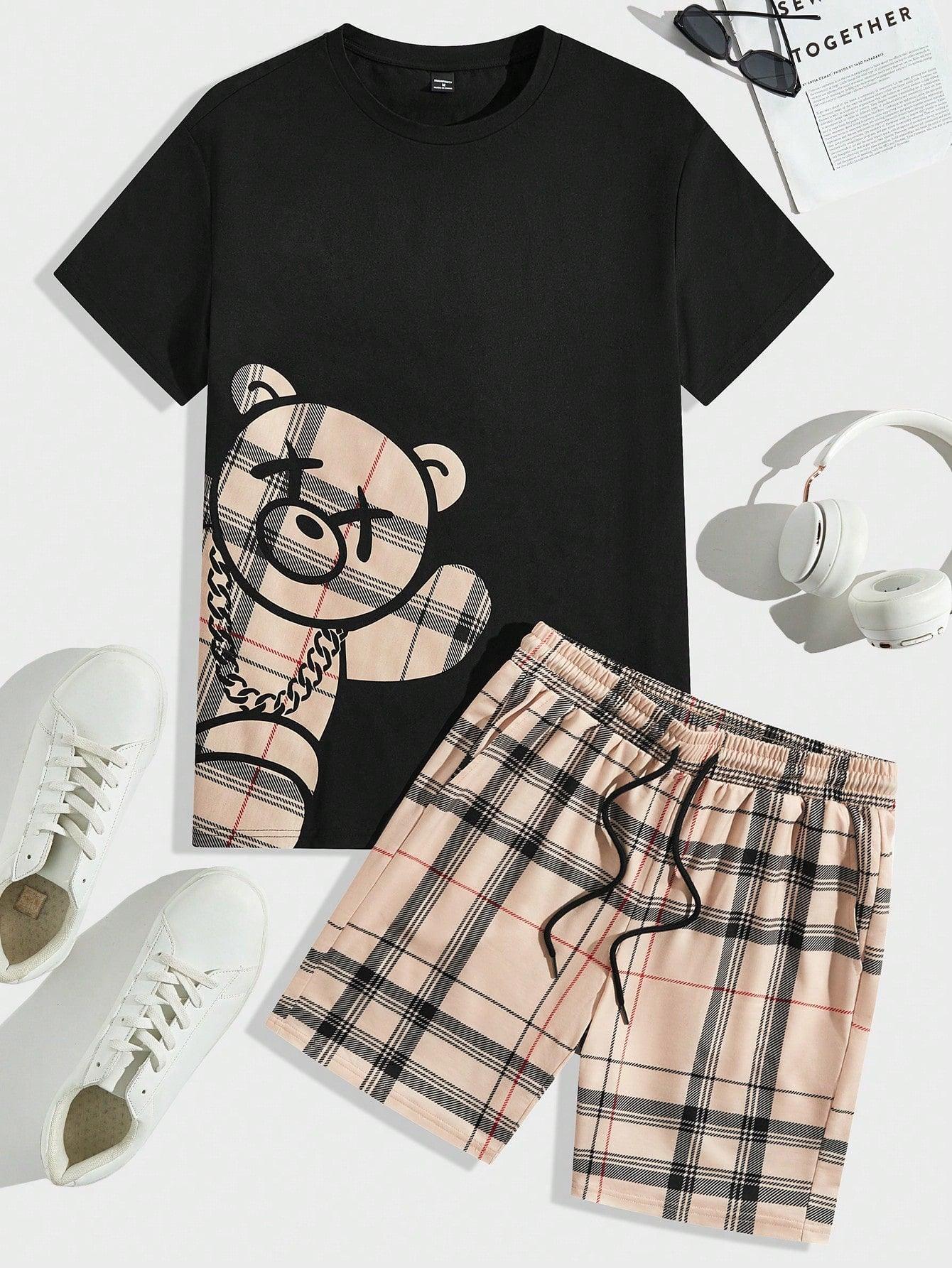 Manfinity Hypemode Men's Checkered Bear Print Short Sleeve T-Shirt And Drawstring Waist Shorts Set