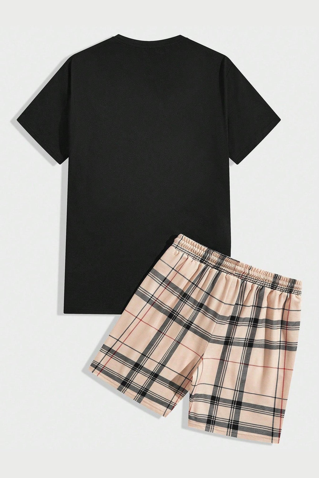 Manfinity Hypemode Men's Checkered Bear Print Short Sleeve T-Shirt And Drawstring Waist Shorts Set