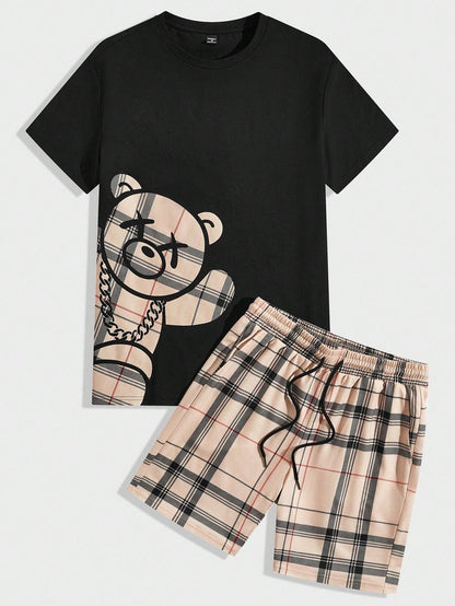 Manfinity Hypemode Men's Checkered Bear Print Short Sleeve T-Shirt And Drawstring Waist Shorts Set