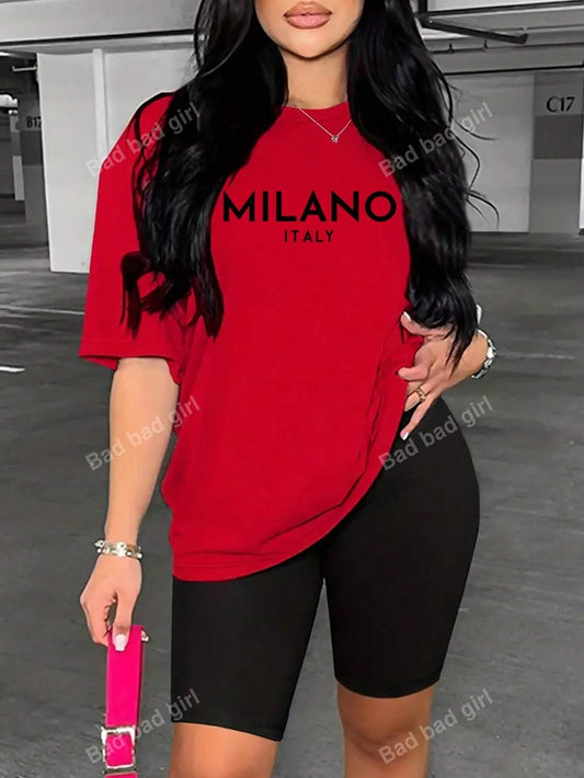 New Summer Fashion Milan Letter Print Women Casual Simple Round Neck T-Shirt And Shorts 2pcs Outfit