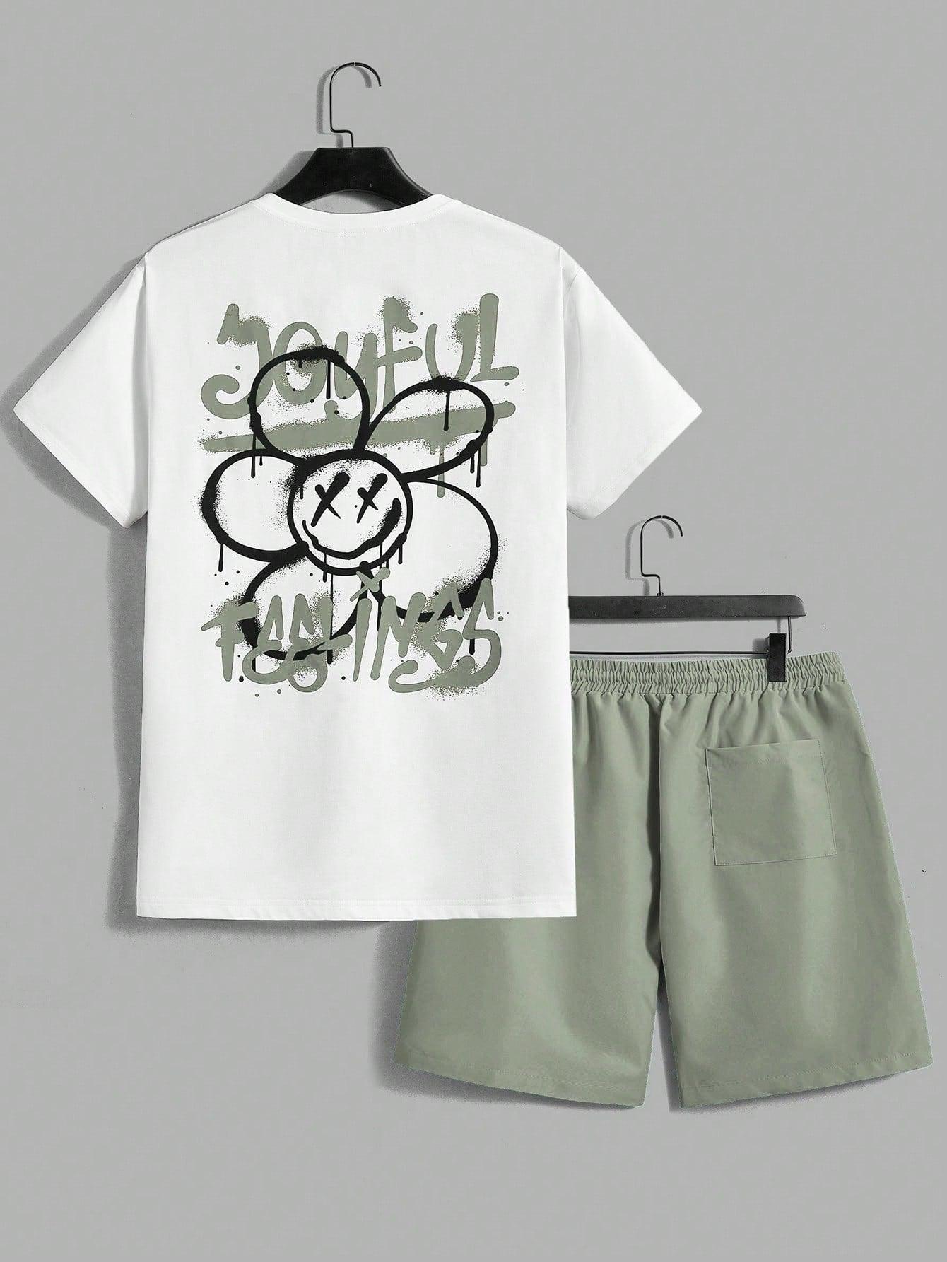 Manfinity EMRG Men's Summer Cartoon Letter Flower Printed Round Neck Short Sleeve Casual T-Shirt And Shorts Set