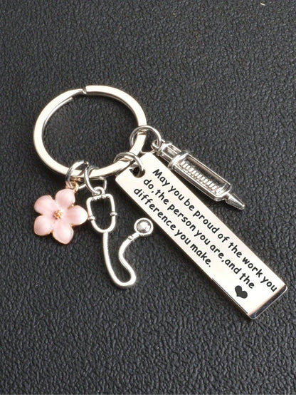 1pc Inspirational Nurse Keychain, Stainless Steel Pendant With Syringe And Flower Decoration, Friendship Gift For Nurses, Accessory With Inspirational Quote Engraved