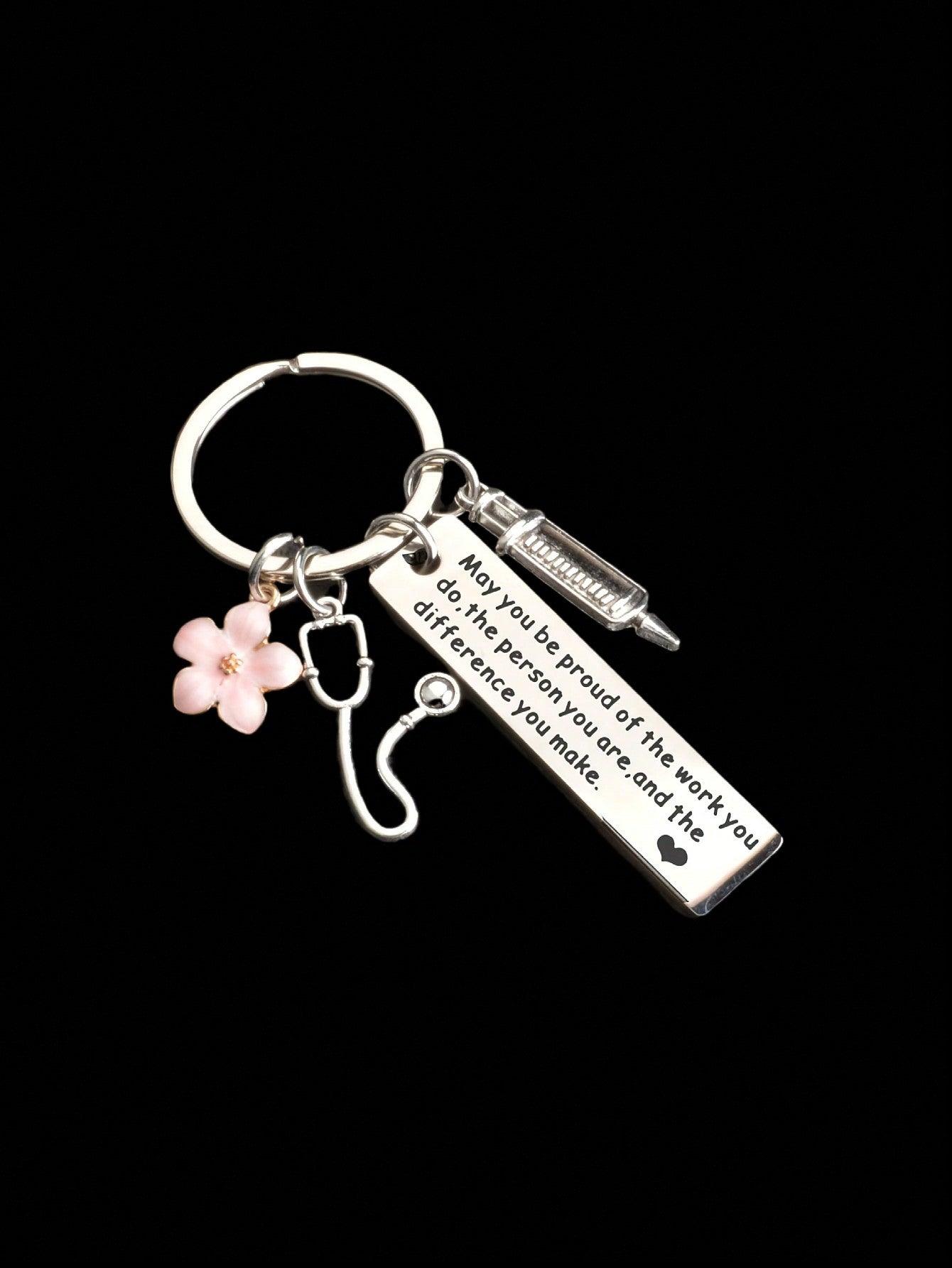 1pc Inspirational Nurse Keychain, Stainless Steel Pendant With Syringe And Flower Decoration, Friendship Gift For Nurses, Accessory With Inspirational Quote Engraved