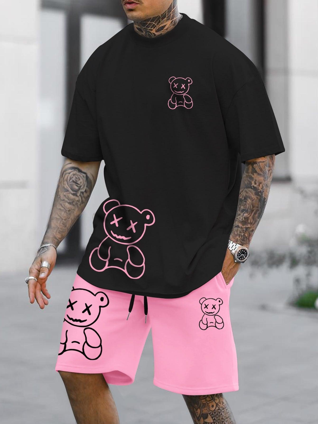 Manfinity LEGND Men's Cartoon Bear Printed Short Sleeve Round Neck T-Shirt And Drawstring Waist Shorts Set, Summer