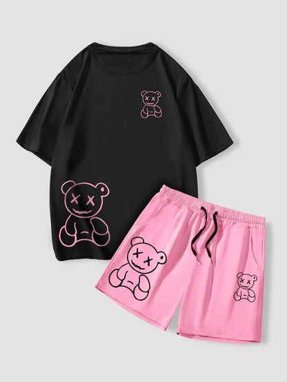 Manfinity LEGND Men's Cartoon Bear Printed Short Sleeve Round Neck T-Shirt And Drawstring Waist Shorts Set, Summer