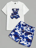 Manfinity Hypemode Men's Camouflage Bear Printed Short Sleeve Anime T-Shirt And Shorts Set