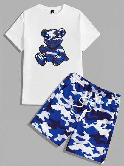 Manfinity Hypemode Men's Camouflage Bear Printed Short Sleeve Anime T-Shirt And Shorts Set