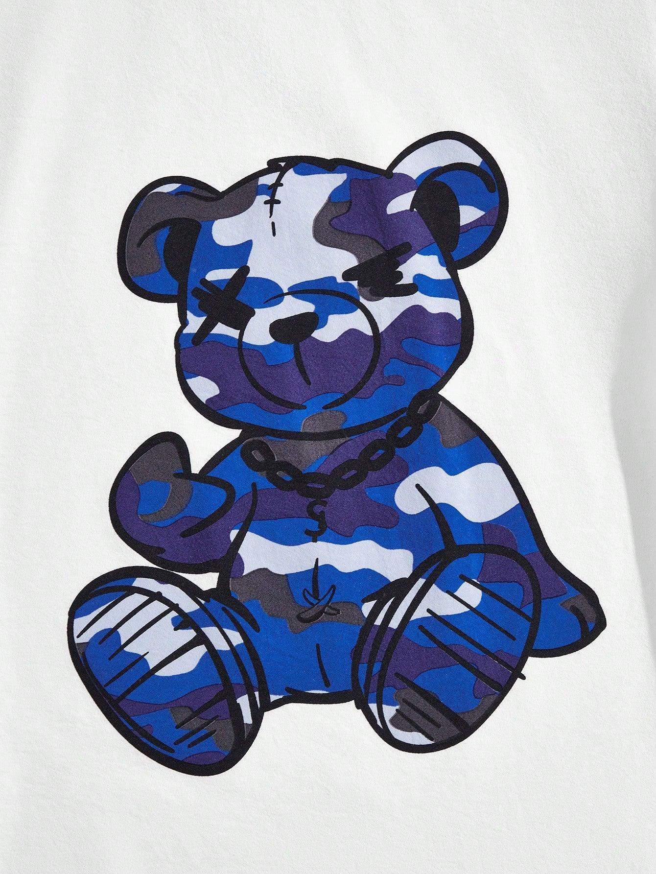 Manfinity Hypemode Men's Camouflage Bear Printed Short Sleeve Anime T-Shirt And Shorts Set