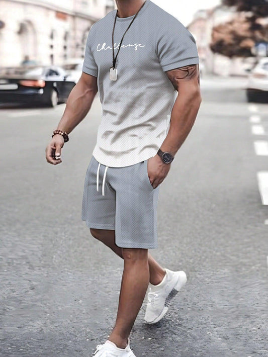 2pcs Men's Summer Casual Outfit, Color-Block Short Sleeve T-Shirt