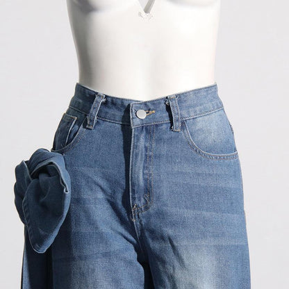 Women's Washed Distressed Stitching Bow Wide Leg Jeans - HEPSIBAH SHOP