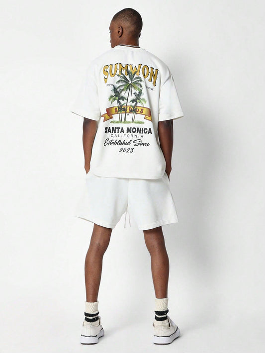 SUMWON Regular Fit Short Sleeve And Drop Crotch Short With Resort Graphic Print 2 Piece Set