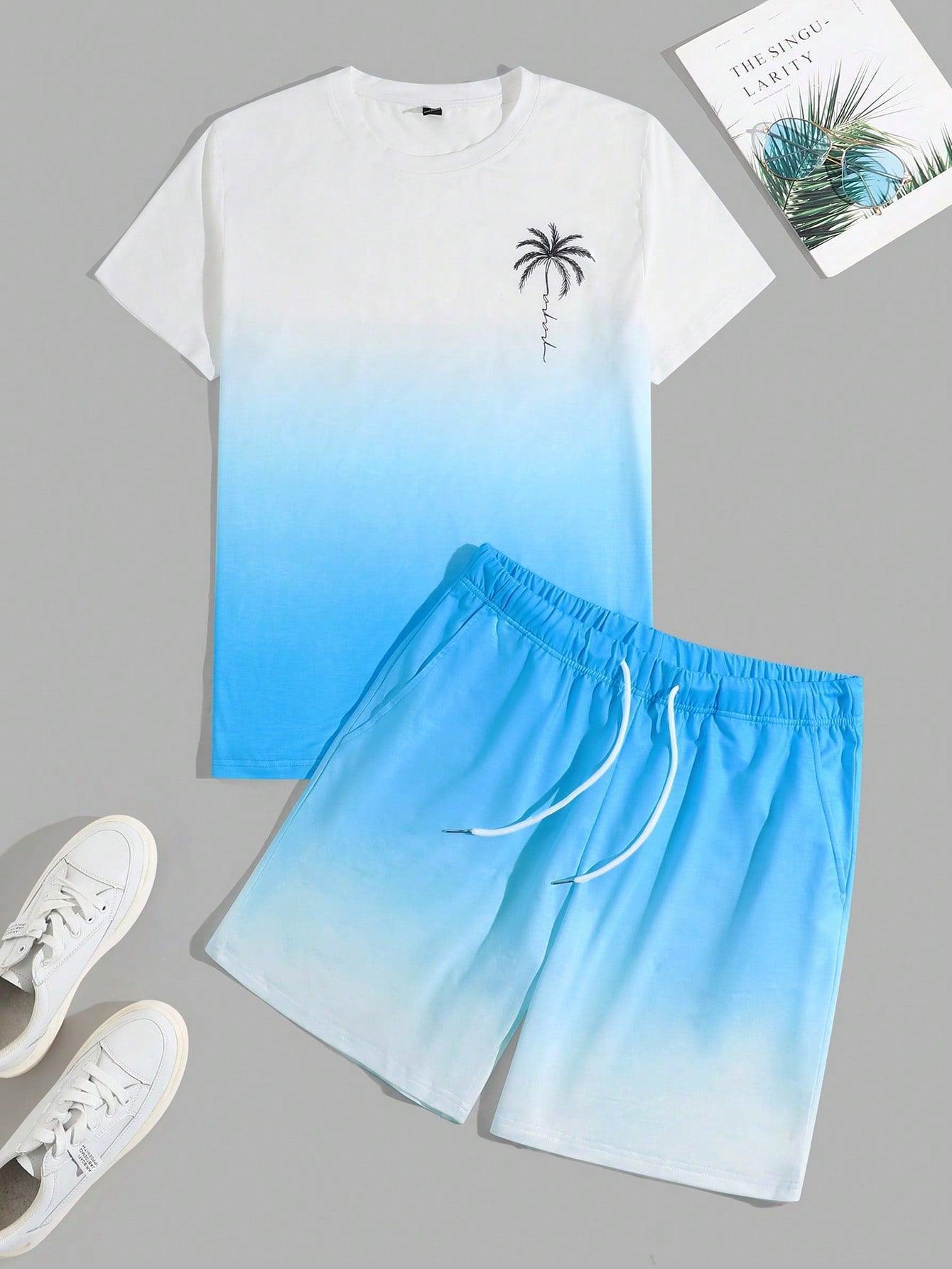 Manfinity RSRT 2pcs Men's Ombre Plant Print Crew Neck Tee And Lace-Up Shorts Set, Casual Holiday Outfit