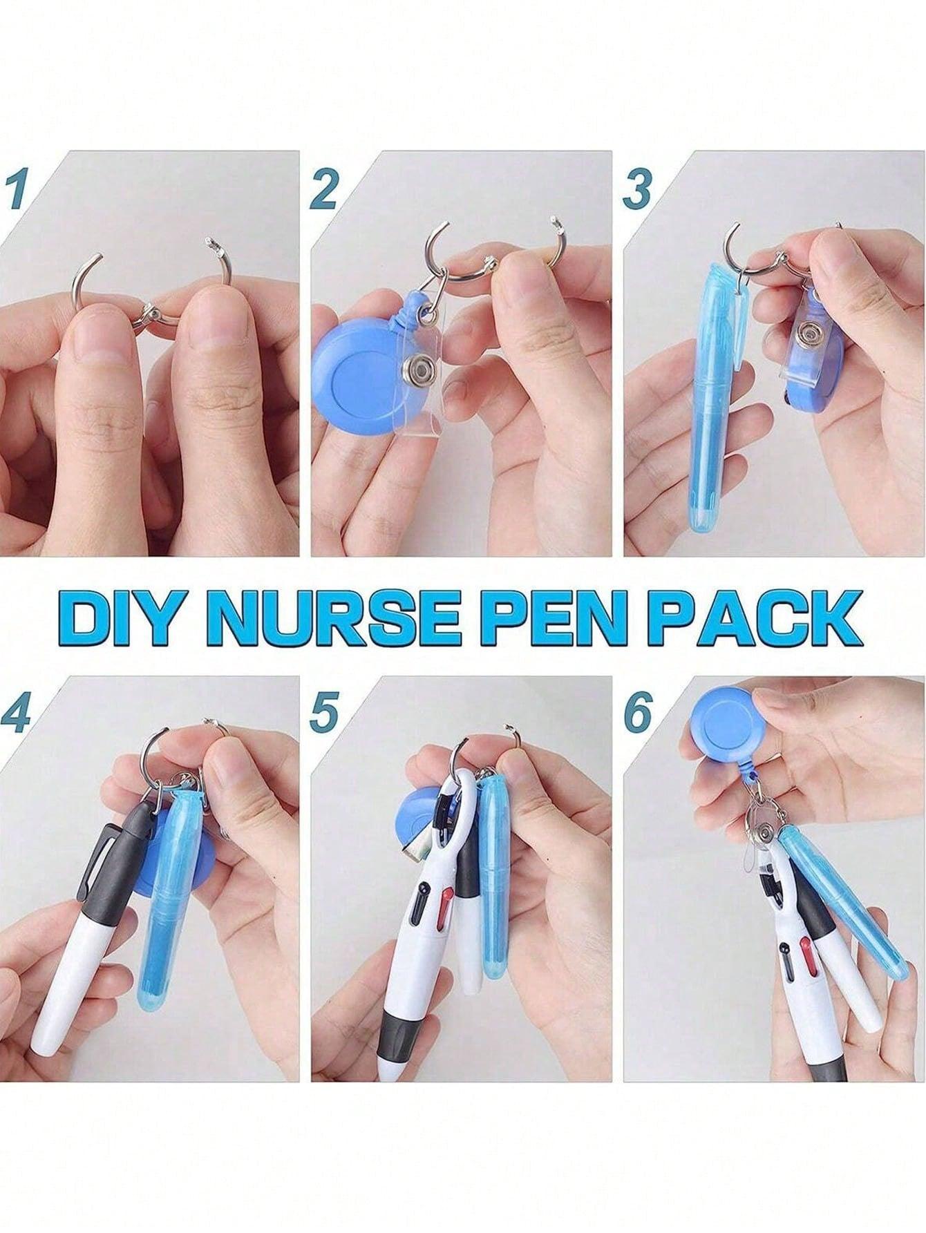 4Pcs/Set Nurse Pen Set Nurse Pens For Badge Set,Include 1 Tip Highlighter 1 Permanent Marker Pen 1 Retractable Ballpoint Pen 1 Nurse Badge Clip Retractable ID Name Reel